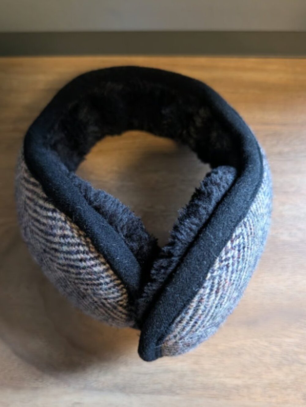 Harris Tweed Ear Muffs - Black with Brown Tweed Behind head style